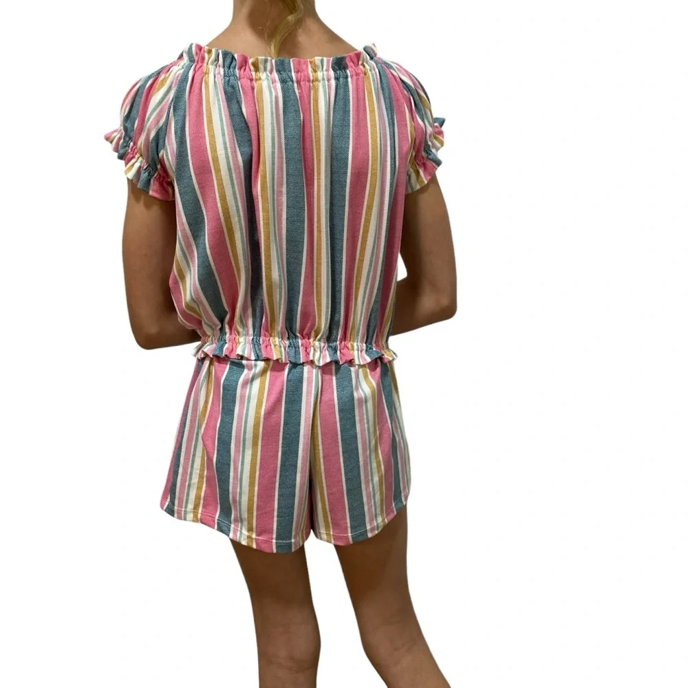 SHOSHO Top Shorts Set Size 10 Pink Stripes Comfortable Elastic Waist